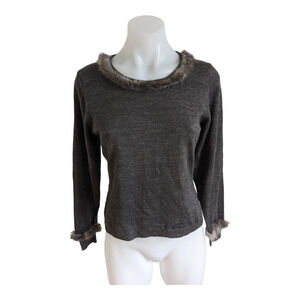 Ella Lu Size Medium Y2K 90s Faux Fur Trim Knit Top Gray Wool Blend Long Sleeves